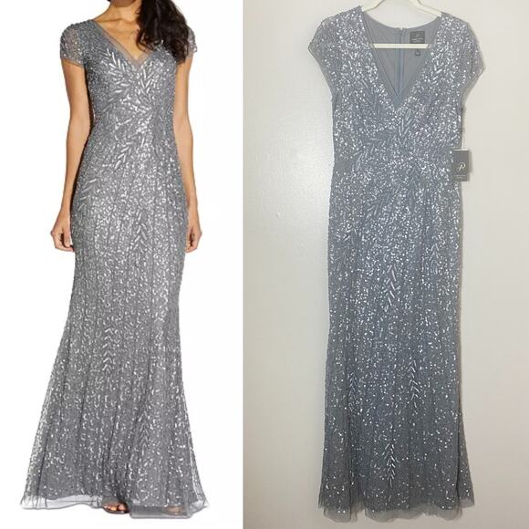 NWT ADRIANNA PAPELL DRESS BEADED SEQUIN MERMAID GOWN LONG MAXI SILVER GRAY GLAM - Picture 1 of 16